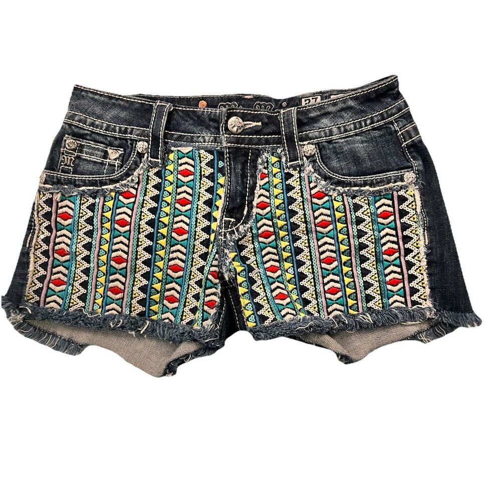Miss Me Womens Denim Cut Off Shorts Aztec Embellished Sequin Embroidered Size 27